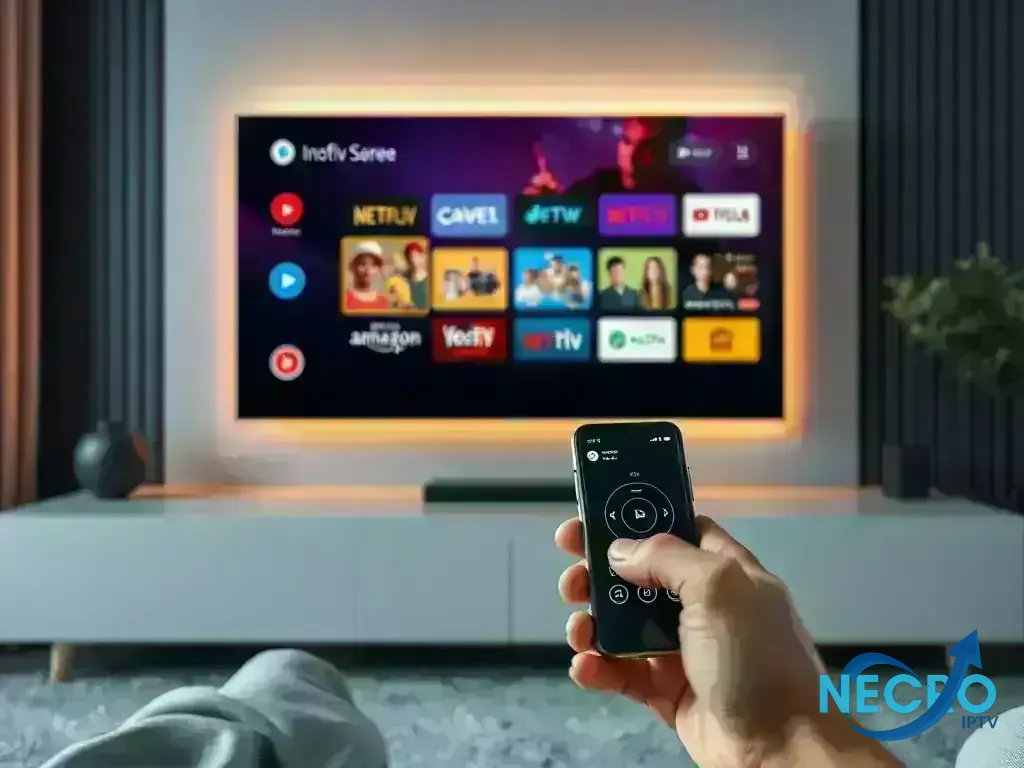 Android TV remote control and smartphone controlling TV screen