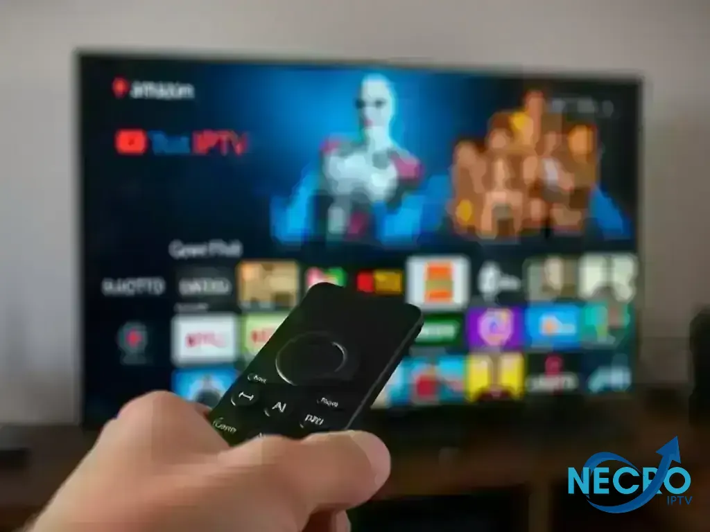Amazon Fire TV remote control pointing to IPTV app interface