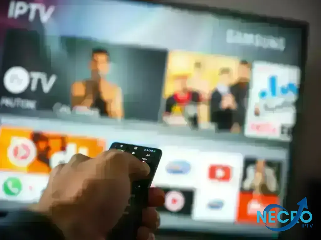 Smart TV IPTV Setup - Remote control pointing to IPTV app on Samsung TV screen